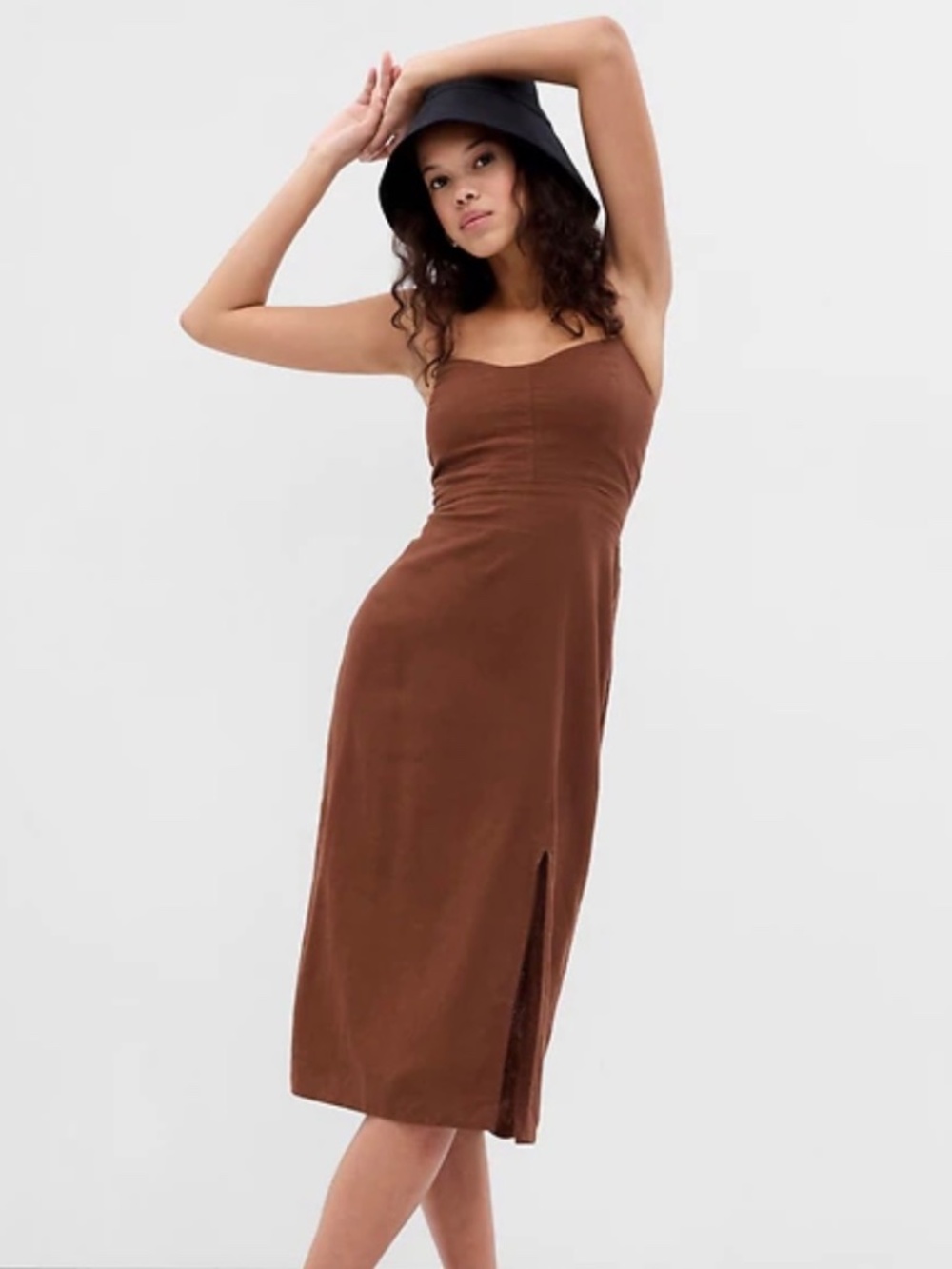 GAP Brown Linen-Blend Tie-Back Corset Midi Dress - Size Small Tall
